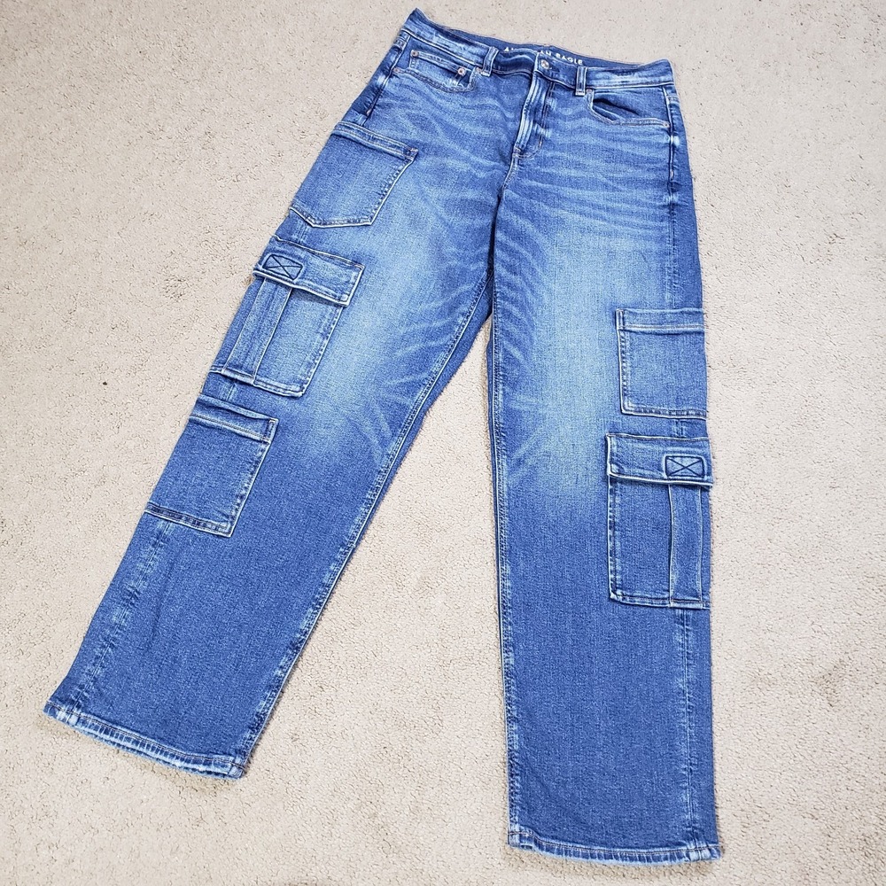 American Eagle Jeans Womens 8 Blue Super High Rise Baggy Straight Cargo Stretch - Picture 2 of 14